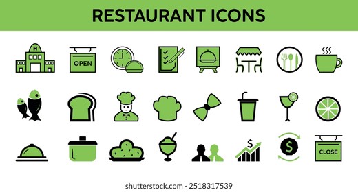 Conjunto de ícones do restaurante. Coleção final de ícones de vetor de restaurante e jantar para web e design de menu.