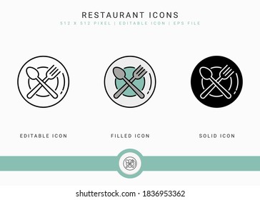 Los iconos del restaurante establecen la ilustración vectorial con el estilo de línea de icono sólido. El concepto de plato de comida de la cafetería. Icono de trazo editable sobre fondo aislado para diseño web, infografía y aplicación móvil de interfaz de usuario.