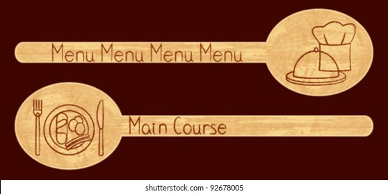 Restaurant icons in a shape of a wooden scoop set 1