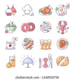 Restaurant icons, thin line color set