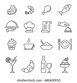 Restaurant icons: thin monochrome icon set, black and white kit
