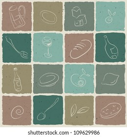 Iconos de restaurante con fondo retro de azulejos, ilustración vectorial. EPS10