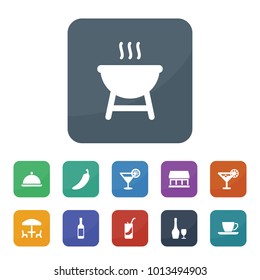 Restaurant icons. vector collection filled restaurant icons such as pepper, cocktail, coffee, shop, beach cafe, cocktail, soda, bbq, wine bottle, platter