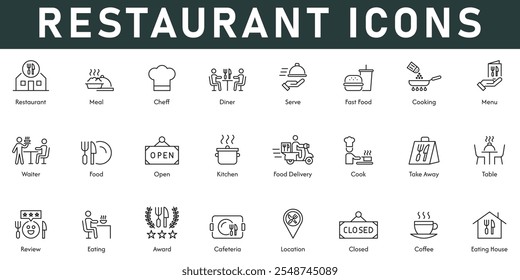 Restaurant Icons vector illustration with thin line editable stroke contains meal chef diner serve fast food cooking menu waiter food open kitchen location award review table take away