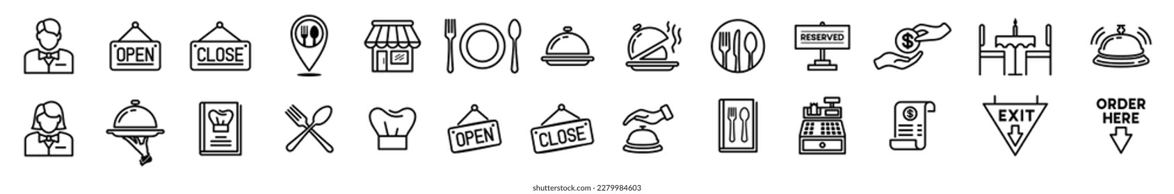 Restaurant icons vector set. Pin map, cafes, open, clossed, bell, spoon, fork, knife, plate, recipe book, chef hat, cashier machine, receipt, payment, employee, cloche, food icon. Symbol illustration