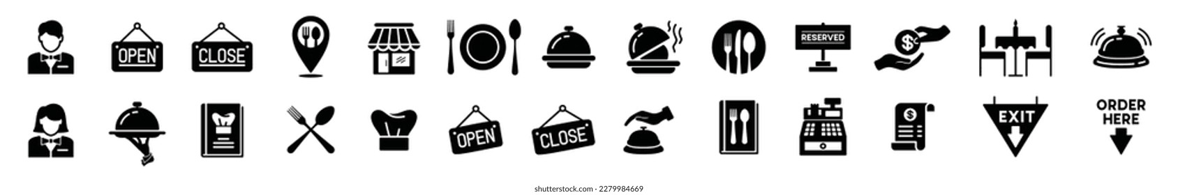 Restaurant icons vector set. Pin map, cafes, open, clossed, bell, spoon, fork, knife, plate, recipe book, chef hat, cashier machine, receipt, payment, employee, cloche, food icon. Symbol illustration