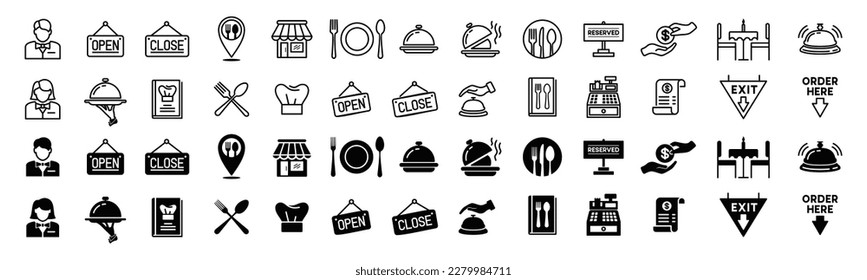 Juego de vectores de iconos de restaurante. Mapa de pines, cafés, abierto, cerrado, campana, cuchara, tenedor, cuchillo, plato, libro de recetas, sombrero de chef, cajero automático, recibo, pago, empleado, cloche, icono de comida. Ilustración de símbolo