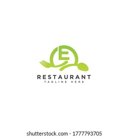 Restaurant initial Letter E Logo design. Fork and Spoon inside circles frame gem logotype