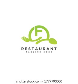 Restaurant initial Letter F Logo design. Fork and Spoon inside circles frame gem logotype