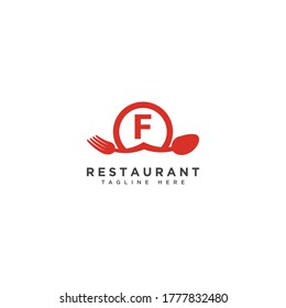 Restaurant initial Letter F Logo design. Fork and Spoon inside circles frame gem logotype