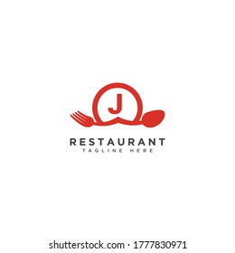 Restaurant initial Letter J Logo design. Fork and Spoon inside circles frame gem logotype