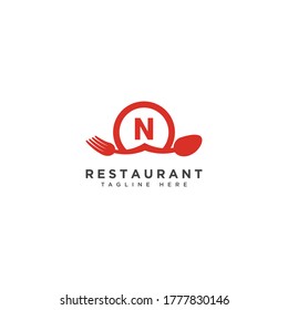 Restaurant initial Letter N Logo design. Fork and Spoon inside circles frame gem logotype
