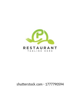 Restaurant initial Letter P Logo design. Fork and Spoon inside circles frame gem logotype