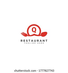 Restaurant initial Letter Q Logo design. Fork and Spoon inside circles frame gem logotype