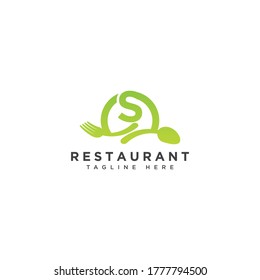 Restaurant initial Letter S Logo design. Fork and Spoon inside circles frame gem logotype
