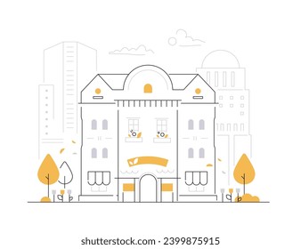 Restaurant inside the house - modern line design style illustration on white background. Composition with residential building with public place on ground floor. Hospitable urban environment