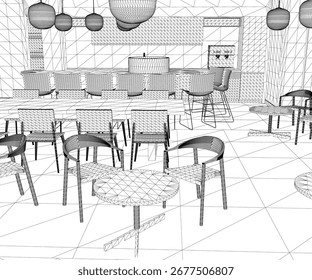 Restaurant Interieur 3D-Modell mit Tischen, Stühlen und Hängelampen, mit einem Küchenbereich und Drahtmodell.