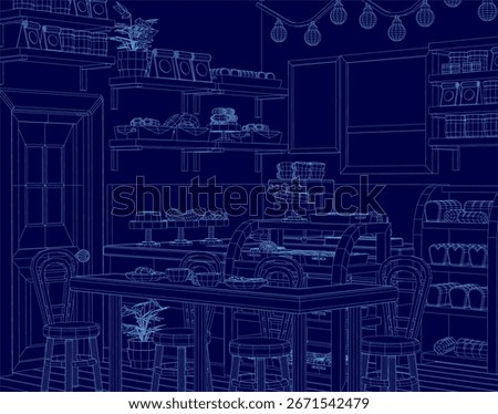 Restaurant interior blueprint features a table with chairs, flower pot, and various objects, set against a deep blue background. The wireframe design creates a cozy cafe atmosphere with clean lines.