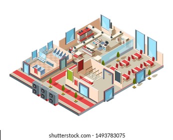 Restaurant interior. Cafe kitchen hall toilets and room with furniture and equipment for making food vector isometric design