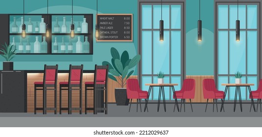 Restaurant interior cartoon concept with bar counter and menu board vector illustration