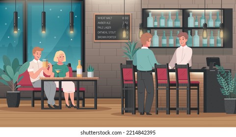 Restaurant interior cartoon scene with bartender and happy visitors vector illustration