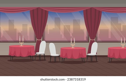 Restaurant interior with cartoon scene with candles on round table. Red cloth, white armchairs and city silhouette outside the window. Romantic dinner for couple no people. Vector illustration