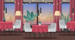 Restaurant Interior Cartoon Scene With Fancy Furniture And Decoration Items Vector Illustration