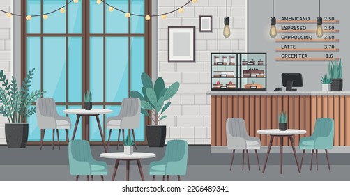 Restaurant interior cartoon scene with modern cafe furniture and shelf with cakes vector illustration