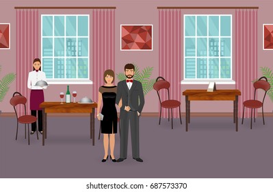 Restaurant interior with couple of visitors and waitress with dish near served dinner table. Food service concept with man and woman characters and waiter in uniform. Vector illustration.