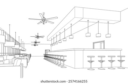 restaurant interior design concept sketch, vector illustration