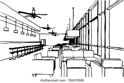 restaurant interior design concept sketch, vector illustration