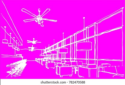 restaurant interior design concept sketch, vector illustration