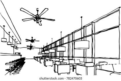 restaurant interior design concept sketch, vector illustration