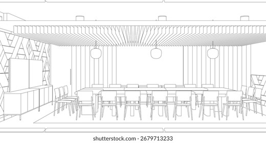Design de interiores de restaurante com mesas e cadeiras, uma parede e luzes penduradas em um desenho de contorno limpo ideal para o planejamento da sala de reunião.