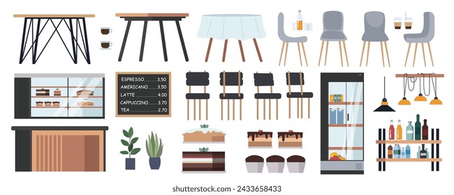 Restaurant interior elements constructor mega set in flat graphic design. Creator kit with cafe tables and chairs, coffee cups, drinks, showcase with desserts, pastry, counter. Vector illustration.