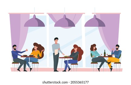 Restaurant interior. Friend talking and meeting in bar or coffee woman and men various persons have a rest time for lunch adults in restaurant garish vector flat background