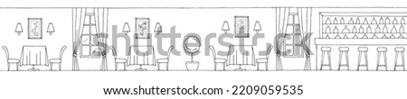 Restaurant interior graphic black white long sketch illustration vector 