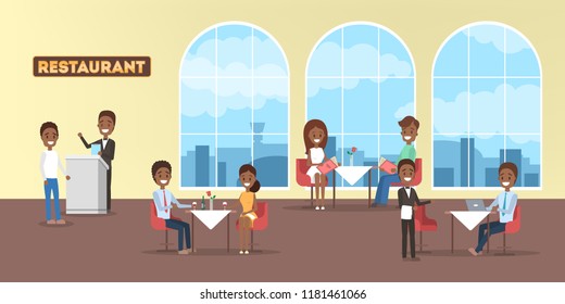 Restaurant interior in a hotel with african american people inside. Visitors sitting at the table and having lunch or dining. Flat vector illustration