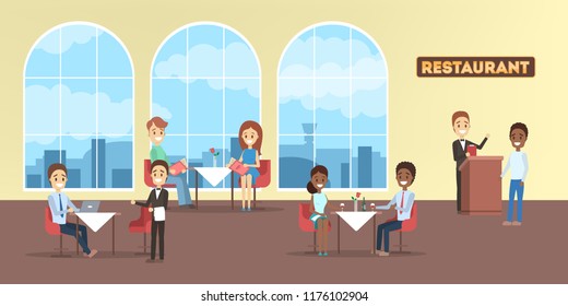 Restaurant interior in a hotel with people inside. Visitors sitting at the table and having lunch or dining. Flat vector illustration