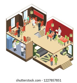 Restaurant interior. Isometric bar cafe buffet building with eatting guests vector 3d pictures
