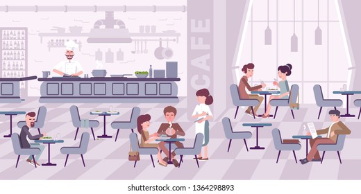 Restaurant interior panorama vector illustration. Men and women enjoying delicious food cartoon characters. Couple on date, waitress taking order, man reading newspaper. Catering, cafe service banner