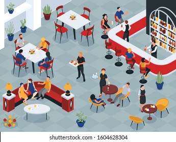 Restaurant interior with people sitting at tables and waiters serving food and drinks isometric vector illustration