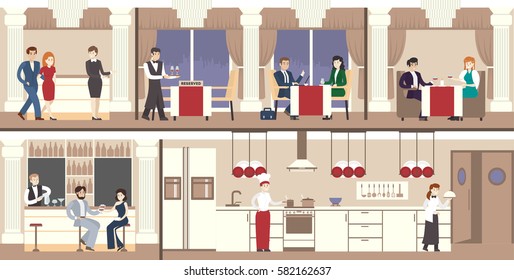 Restaurant interior set. Luxury restaurant with visitors, waiters and kitchen.