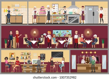 Restaurant interior set with people sitting, kitchen and bar.
