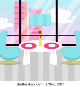restaurant interior, table for two, flat illustration.
