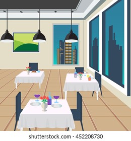 Restaurant Interior with Tables and Meals. Vector Background