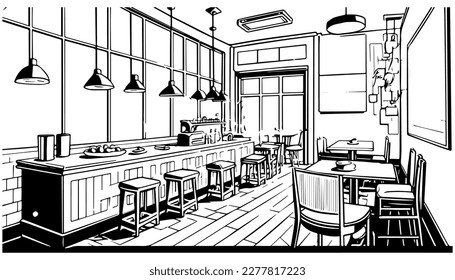 Restaurant interior vector black line illustration isolated white. Sketch art