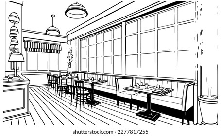 Restaurant interior vector black line illustration isolated white. Sketch art