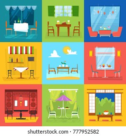 Restaurant interior vector cafe decor dining furniture table and chair for romantic lunch dinner in cafeteria club bar or pub set illustration isolated on background