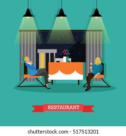 Restaurant interior, vector illustration in flat style. Restaurant design element with two women sitting at the table.